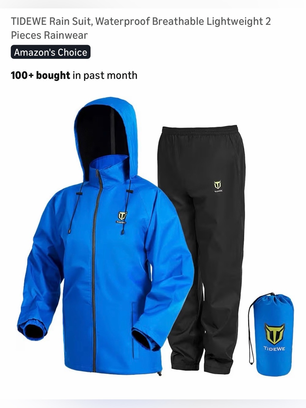 TIDEWE Blue Waterproof Rain Jacket & Black Rain Pants Set